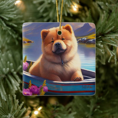 Chow Chow on a Paddle A Scenic Adventure Ceramic Ornament