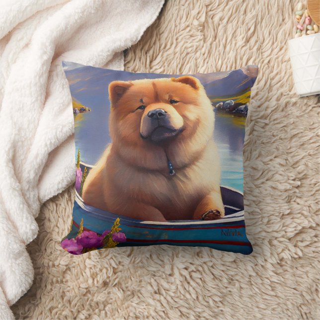 Chow Chow on a Paddle: A Scenic Adventure Throw Pillow (Blanket)