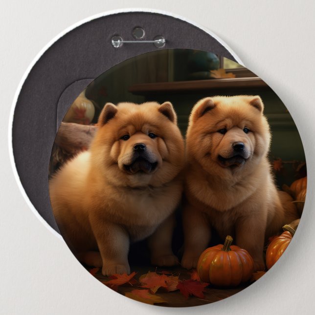 Chow Chow Puppy Autumn Delight Pumpkin Button (Front & Back)