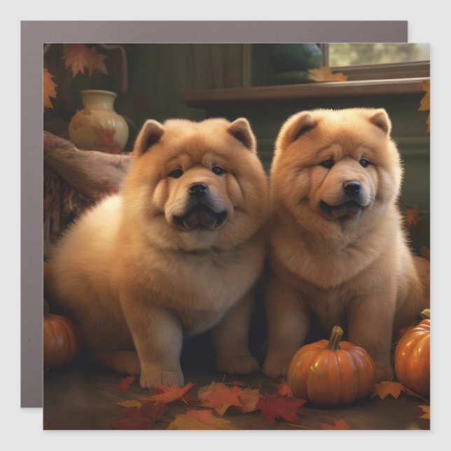 Chow Chow Puppy Autumn Delight Pumpkin Car Magnet (Front)