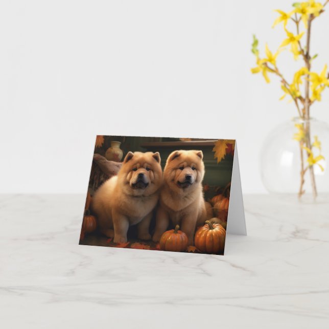 Chow Chow Puppy Autumn Delight Pumpkin Card (Yellow Flower)