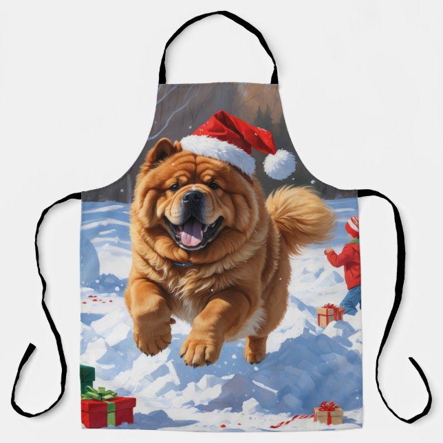 Chow Chow Running in Snow with Christmas Hat Apron (Front)