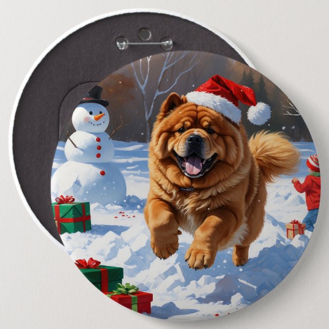 Chow Chow Running in Snow with Christmas Hat Button (Front & Back)