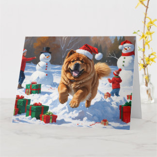 Chow Chow Running in Snow with Christmas Hat Card