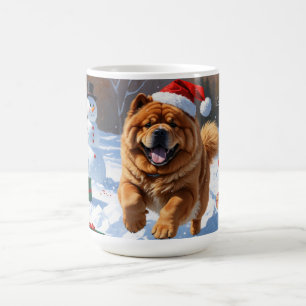 Chow Chow Running in Snow with Christmas Hat Coffee Mug