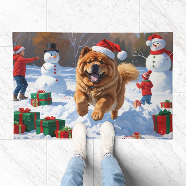Chow Chow Running in Snow with Christmas Hat Doormat (Indoor)
