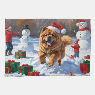 Chow Chow Running in Snow with Christmas Hat Kitchen Towel