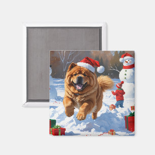 Chow Chow Running in Snow with Christmas Hat Magnet