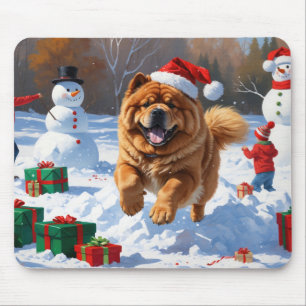 Chow Chow Running in Snow with Christmas Hat Mouse Pad