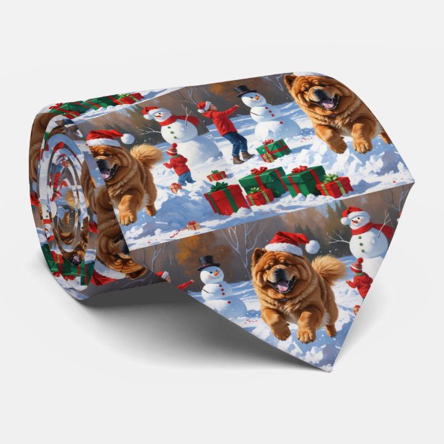 Chow Chow Running in Snow with Christmas Hat Neck Tie (Rolled)
