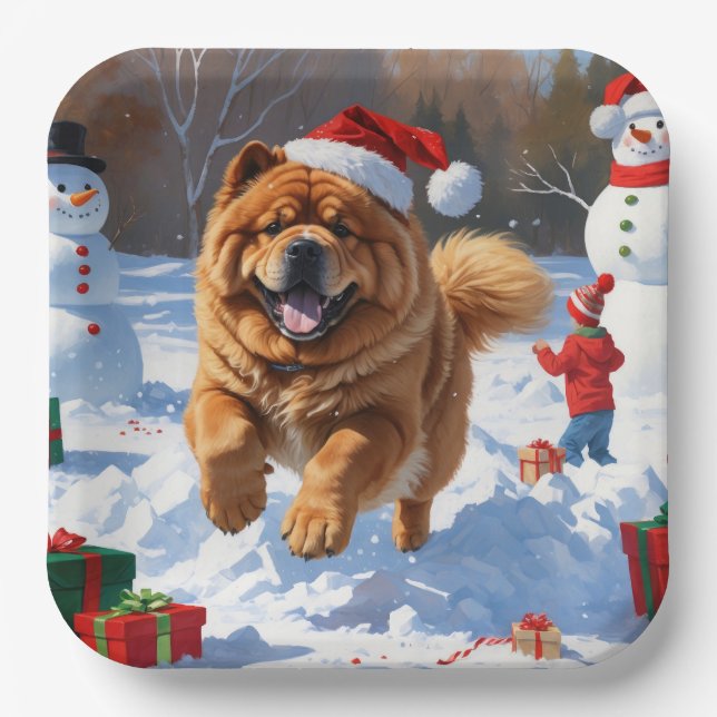 Chow Chow Running in Snow with Christmas Hat Paper Plates (Front)