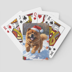 Chow Chow Running in Snow with Christmas Hat Poker Cards