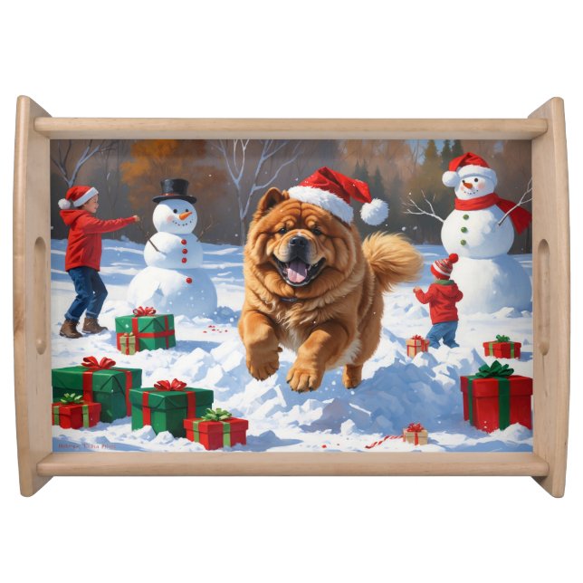 Chow Chow Running in Snow with Christmas Hat Serving Tray (Front)