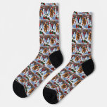 Chow Chow Running in Snow with Christmas Hat Socks