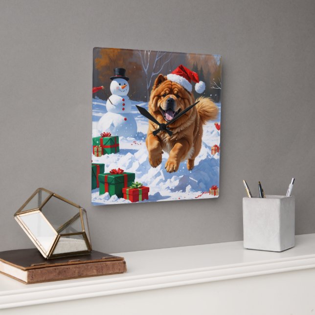 Chow Chow Running in Snow with Christmas Hat Square Wall Clock (Office)