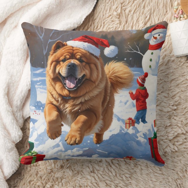 Chow Chow Running in Snow with Christmas Hat Throw Pillow (Blanket)