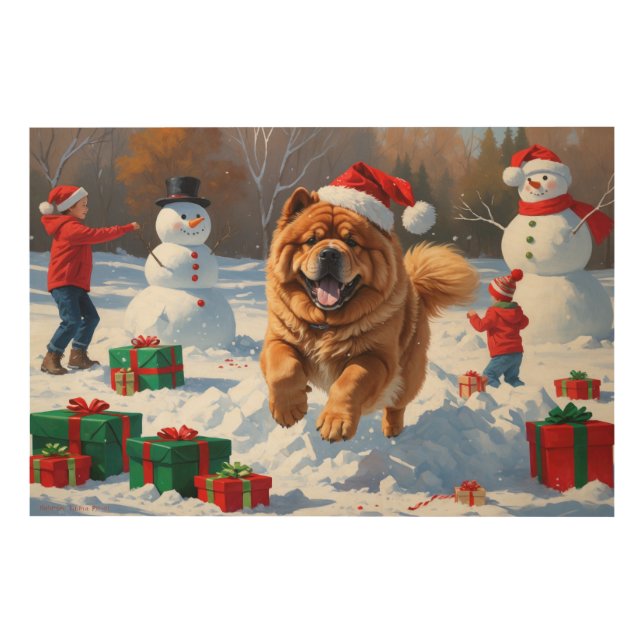 Chow Chow Running in Snow with Christmas Hat Wood Wall Art (Front)