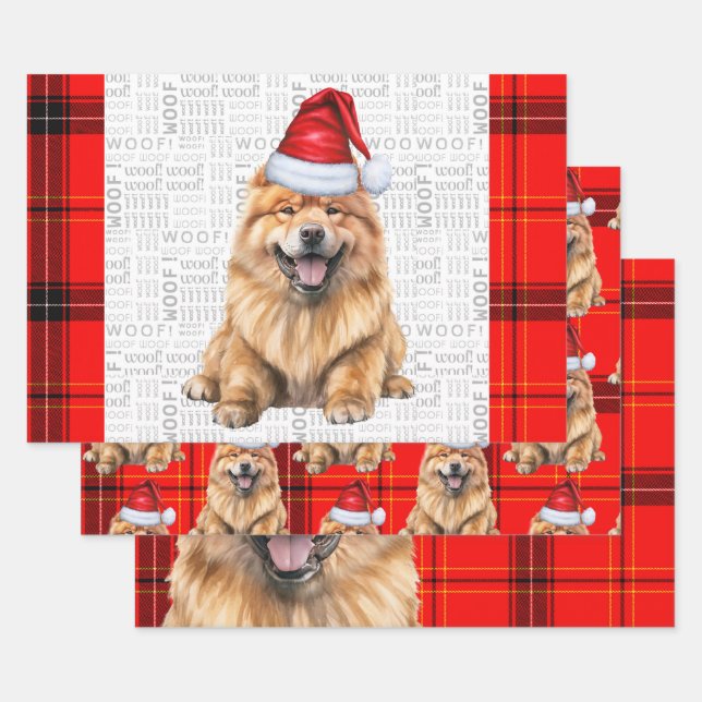 Chow Chow Santa dog on Red Plaid Christmas Wrapping Paper Sheets (Set)