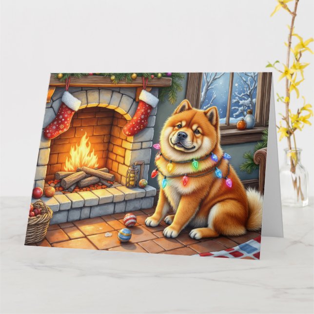 Chow Chow Sitting Fireplace with Christmas Lights Card (Yellow Flower)