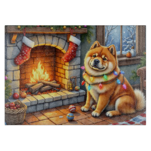 Chow Chow Sitting Fireplace with Christmas Lights Cutting Board