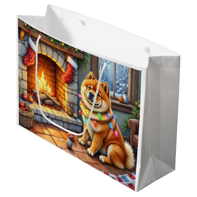 Chow Chow Sitting Fireplace with Christmas Lights Large Gift Bag (Front Angled)