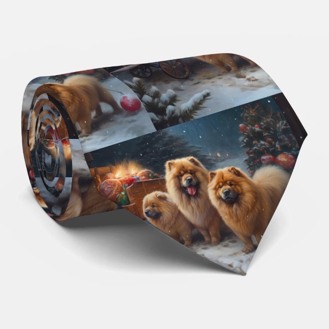 Chow Chow Snowy Sleigh Christmas Decor Neck Tie (Rolled)