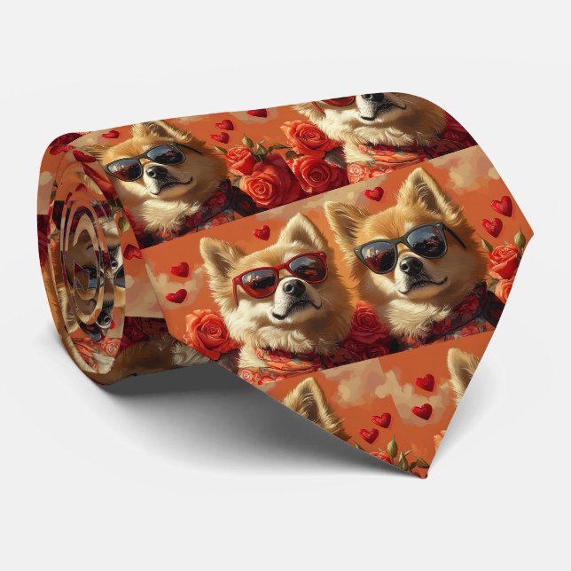 Chow Chow With Heart Roses Valentine's Day  Neck Tie (Rolled)