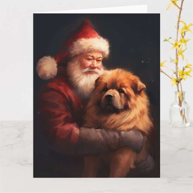 Chow Chow With Santa Claus Festive Christmas  Card (Yellow Flower)