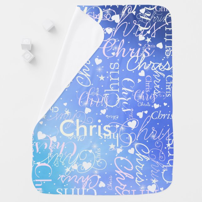 Chris custom name hearts pattern blue gradient baby blanket (In Situ)