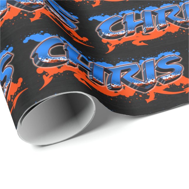 Chris First Name Graffiti blue orange Wrapping Paper (Roll Corner)