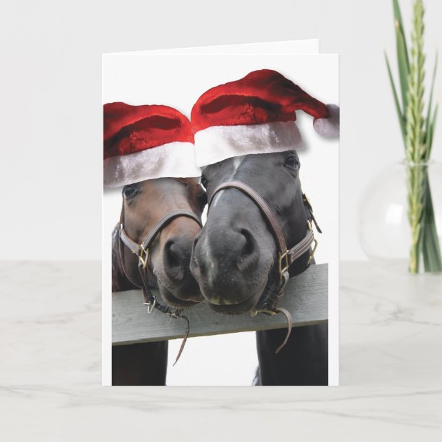 Chrismas Horses With Santa Hats Holiday Card (Front)