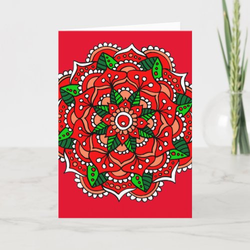 Chrismas Mandala Red Green Flower Holiday Card