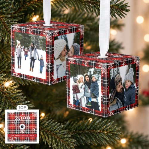 Chrismas Plaid Snowflakes 2 Photos Red Black Cube Ornament
