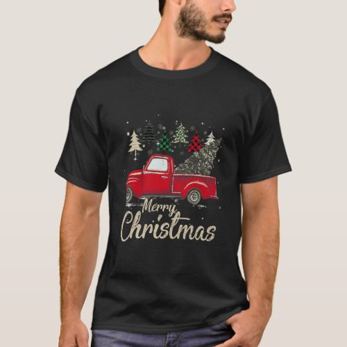 Chrismas Red Truck With Buffalo Plaid And Leopard  T_Shirt