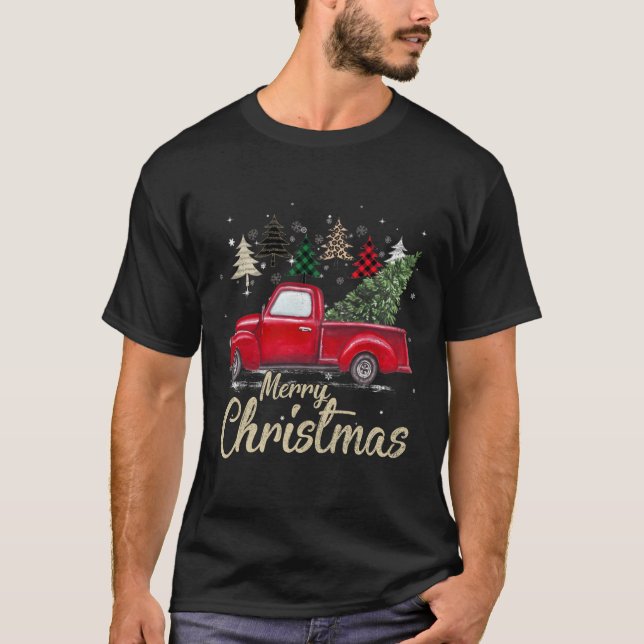 Chrismas Red Truck With Buffalo Plaid And Leopard  T-Shirt (Front)