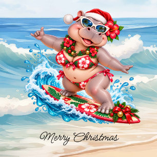 Chrismas Surfing Hippo Bikini on surf board Holiday Card