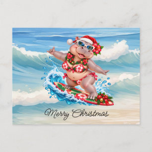 Chrismas Surfing Hippo Bikini on surf board  Holiday Postcard