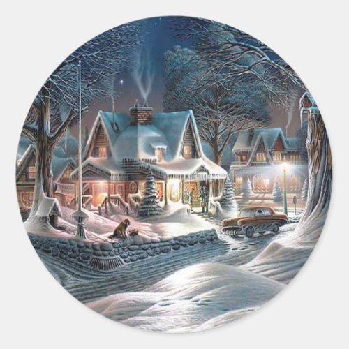 Chrismas Winter Cottage Classic Round Sticker