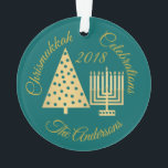 Chrismukkah Hanukkah Christmas Gold Teal Elegant Ornament<br><div class="desc">Designed for inter-faith families, this custom gold and teal CHRISMUKKAH CELEBRATIONS ornament has room for your family name and a year (optional) for a truly unique holiday keepsake. My modern style gold Christmas Tree and Hanukkah Menorah designs feature a polka-dot motif on the simple graphics for a bit of fun....</div>