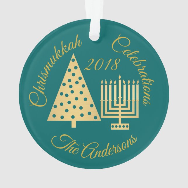 Chrismukkah Hanukkah Christmas Gold Teal Elegant Ornament (Back)