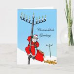 Chrismukkah, Interfaith Holiday, Santa and Menorah Holiday Card<br><div class="desc">Chrismukkah Greetings! Santa Claus climbs up a menorah in the shape of a light pole / streetlight. His gift bag is filled with gelt and dreidels. Some of the gelt has fallen out on the snow. Celebrate Hanukkah and Christmas with this interfaith greeting card. Santa element courtesy of JohnnyAutomatic/Openclipart. Image...</div>