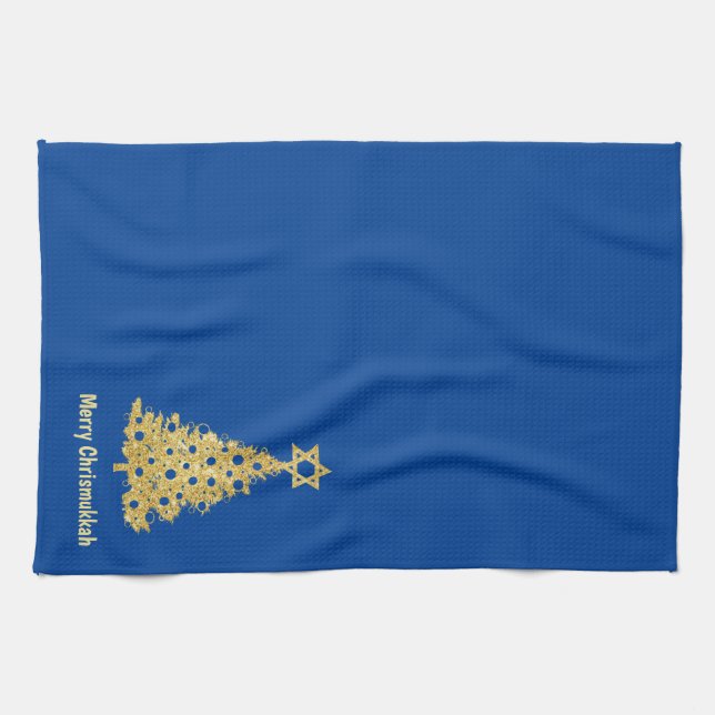 Chrismukkah Kitchen Towel with Tree Star of David  (Horizontal)