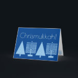 Chrismukkah Light Blue Holiday Add Your Photo<br><div class="desc">Add your favorite family photo to the inside of this charming Chrismukkah holiday card in pastel blue on rich royal blue. This elegant modern greeting card is designed for blended families who celebrate both Hanukkah and Christmas. The pale blue images of a Hanukkah Menorah and a Christmas Tree are repeated...</div>