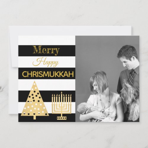 Chrismukkah Photo Black And White Stripes Gold Holiday Card