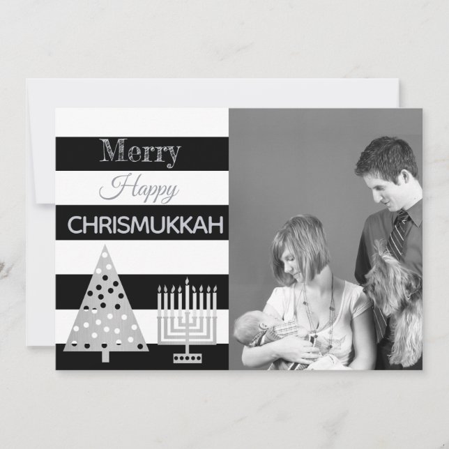 Chrismukkah Photo Black And White Stripes Silver Holiday Card (Front)