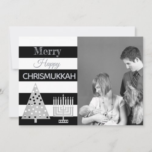 Chrismukkah Photo Black And White Stripes Silver Holiday Card