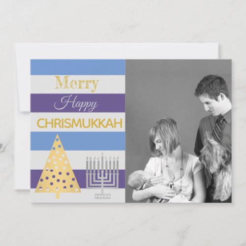 Chrismukkah Photo Silver Gold Colorful Stripes Holiday Card