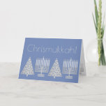 Chrismukkah Silver Blue Holiday Add Your Photo<br><div class="desc">Add your favorite family photo to the inside of this charming Chrismukkah holiday card in blue and silver. This elegant modern greeting card is designed for blended families who celebrate both Hanukkah and Christmas. My simulated silver tone images of a Hanukkah Menorah and a Christmas Tree are repeated inside the...</div>