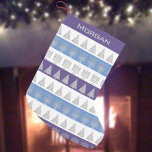 Chrismukkah Silver Menorah Tree Stripes Pattern Small Christmas Stocking<br><div class="desc">Customize this fun Chrismukkah stocking with a pattern of silver Hanukkah Menorahs and silver Christmas trees on colorful stripes of white, blue and purple. Add a name in silver text to the stocking for a one of a kind personalized gift. The Menorah and tree designs in silver are simple enough...</div>