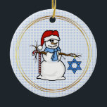 Chrismukkah Snowman Christmas Ornament<br><div class="desc">This is a fun Chrismukkah ornament that features my cute snowman who is decked out with a Santa Hat and Candy Cane, as well as a Star of David and a blue scarf. On the back, personalize this with a name and year. Or, put whatever you want on the back....</div>